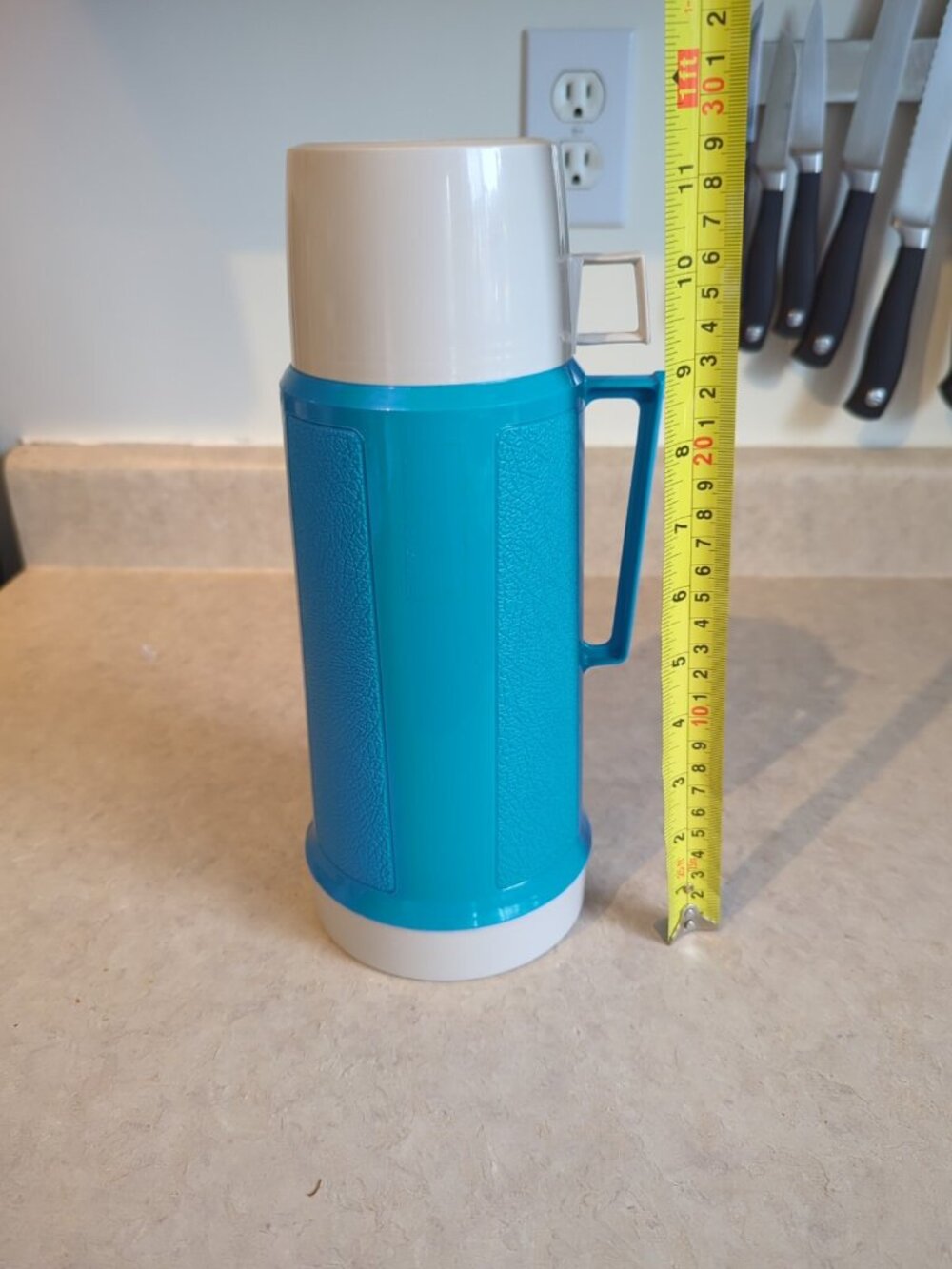 RARE Vintage 12” Thermos Navy Blue Green Medium w/ Cup Lid Carry Handle Picnic